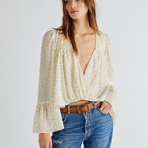Free People Daydream Believer Cream Gold Embroidered Blouse Top.Size S